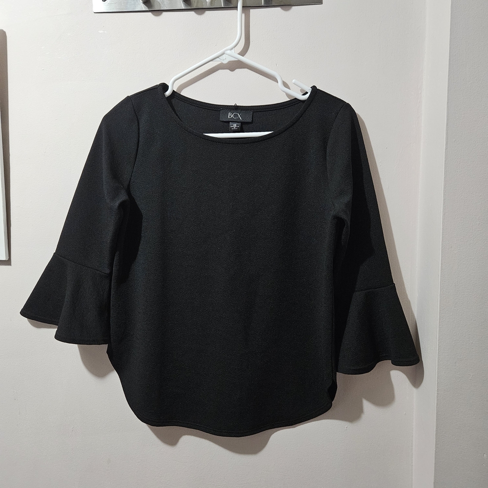 BCX Womens Ladies Black Top Blouse Shirt Bell Bottom Sleeve Size XS
